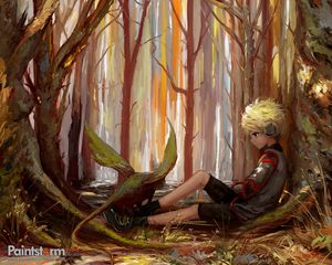 Preview wallpaper child, art, loneliness, forest, trees