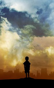 Preview wallpaper child, art, planet, clouds, city