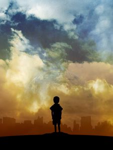 Preview wallpaper child, art, planet, clouds, city