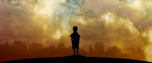 Preview wallpaper child, art, planet, clouds, city