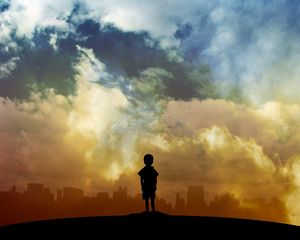 Preview wallpaper child, art, planet, clouds, city