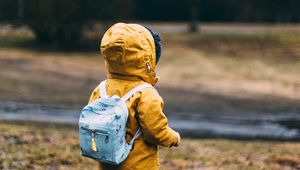 Preview wallpaper child, backpack, autumn, walk