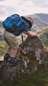 Preview wallpaper child, backpack, mountains, travel, nature