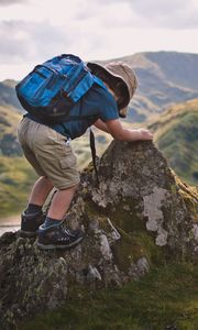 Preview wallpaper child, backpack, mountains, travel, nature
