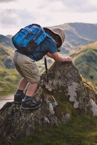 Preview wallpaper child, backpack, mountains, travel, nature