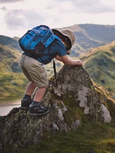 Preview wallpaper child, backpack, mountains, travel, nature