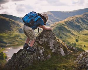 Preview wallpaper child, backpack, mountains, travel, nature