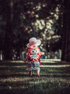 Preview wallpaper child, backpack, toy, park, walk