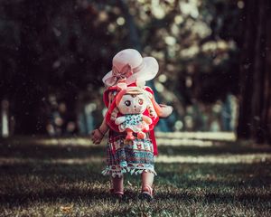 Preview wallpaper child, backpack, toy, park, walk