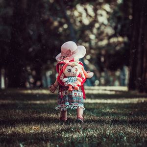 Preview wallpaper child, backpack, toy, park, walk