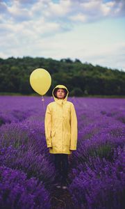 Preview wallpaper child, balloon, lavender, field, jacket