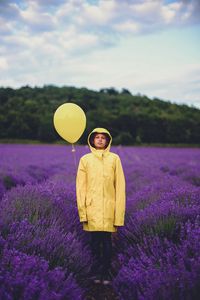 Preview wallpaper child, balloon, lavender, field, jacket