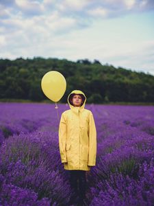 Preview wallpaper child, balloon, lavender, field, jacket