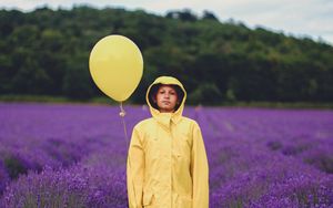 Preview wallpaper child, balloon, lavender, field, jacket