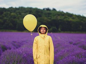 Preview wallpaper child, balloon, lavender, field, jacket