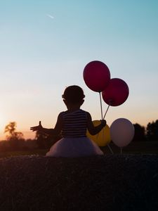 Preview wallpaper child, balloons, sunset