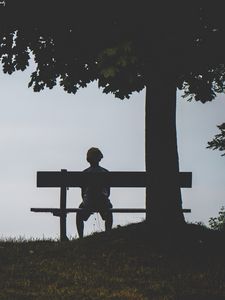 Preview wallpaper child, bench, alone, solitude, silhouette, loneliness