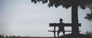 Preview wallpaper child, bench, alone, solitude, silhouette, loneliness