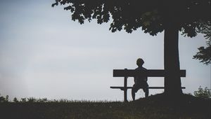 Preview wallpaper child, bench, alone, solitude, silhouette, loneliness