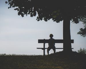 Preview wallpaper child, bench, alone, solitude, silhouette, loneliness