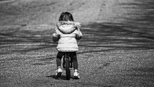 Preview wallpaper child, bicycle, bw, childhood