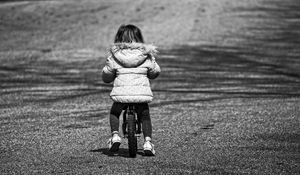 Preview wallpaper child, bicycle, bw, childhood