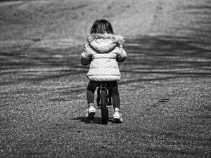 Preview wallpaper child, bicycle, bw, childhood