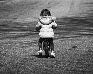 Preview wallpaper child, bicycle, bw, childhood