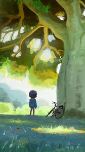 Preview wallpaper child, bike, tree, nature, art