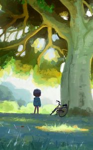 Preview wallpaper child, bike, tree, nature, art