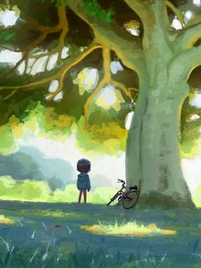 Preview wallpaper child, bike, tree, nature, art