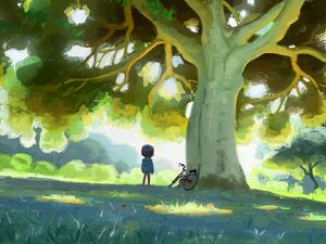 Preview wallpaper child, bike, tree, nature, art