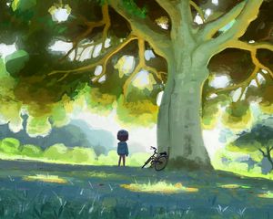 Preview wallpaper child, bike, tree, nature, art