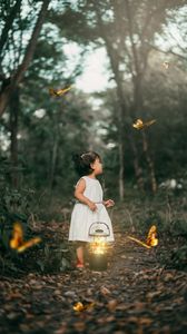 Preview wallpaper child, butterflies, lantern, forest, path