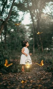 Preview wallpaper child, butterflies, lantern, forest, path