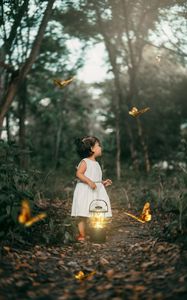 Preview wallpaper child, butterflies, lantern, forest, path