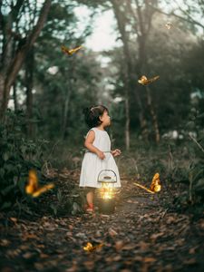 Preview wallpaper child, butterflies, lantern, forest, path