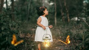 Preview wallpaper child, butterflies, lantern, forest, path