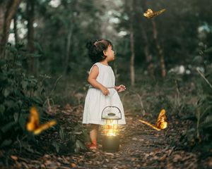 Preview wallpaper child, butterflies, lantern, forest, path