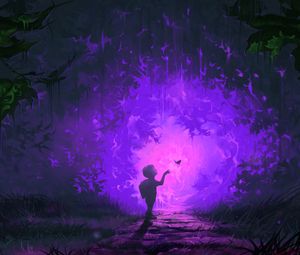 Preview wallpaper child, butterfly, portal, forest, fantastic, art