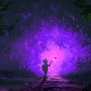 Preview wallpaper child, butterfly, portal, forest, fantastic, art