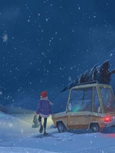 Preview wallpaper child, car, art, winter, snowfall