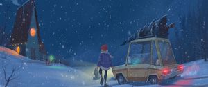 Preview wallpaper child, car, art, winter, snowfall