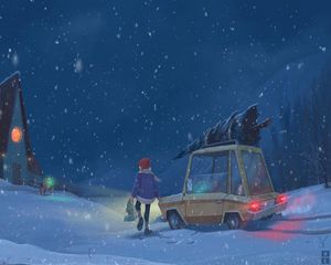 Preview wallpaper child, car, art, winter, snowfall