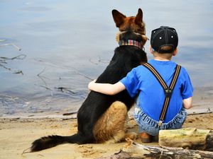 Preview wallpaper child, dog, beach, sand