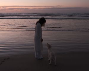 Preview wallpaper child, dog, pet, friends, beach, sunset
