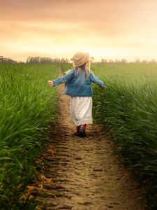 Preview wallpaper child, field, grass, path, walk