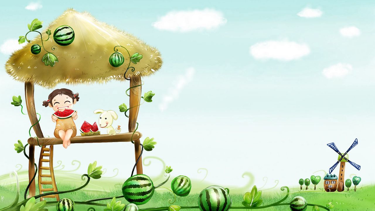 Wallpaper child, field, grass, watermelon, mood, drawing, dog