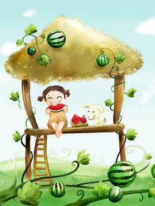 Preview wallpaper child, field, grass, watermelon, mood, drawing, dog