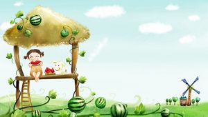 Preview wallpaper child, field, grass, watermelon, mood, drawing, dog